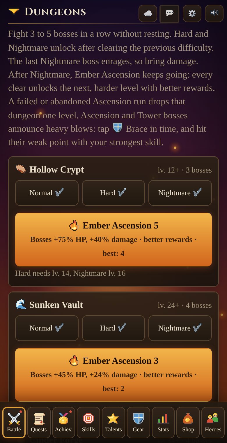 The dungeon list with Normal, Hard and Nightmare