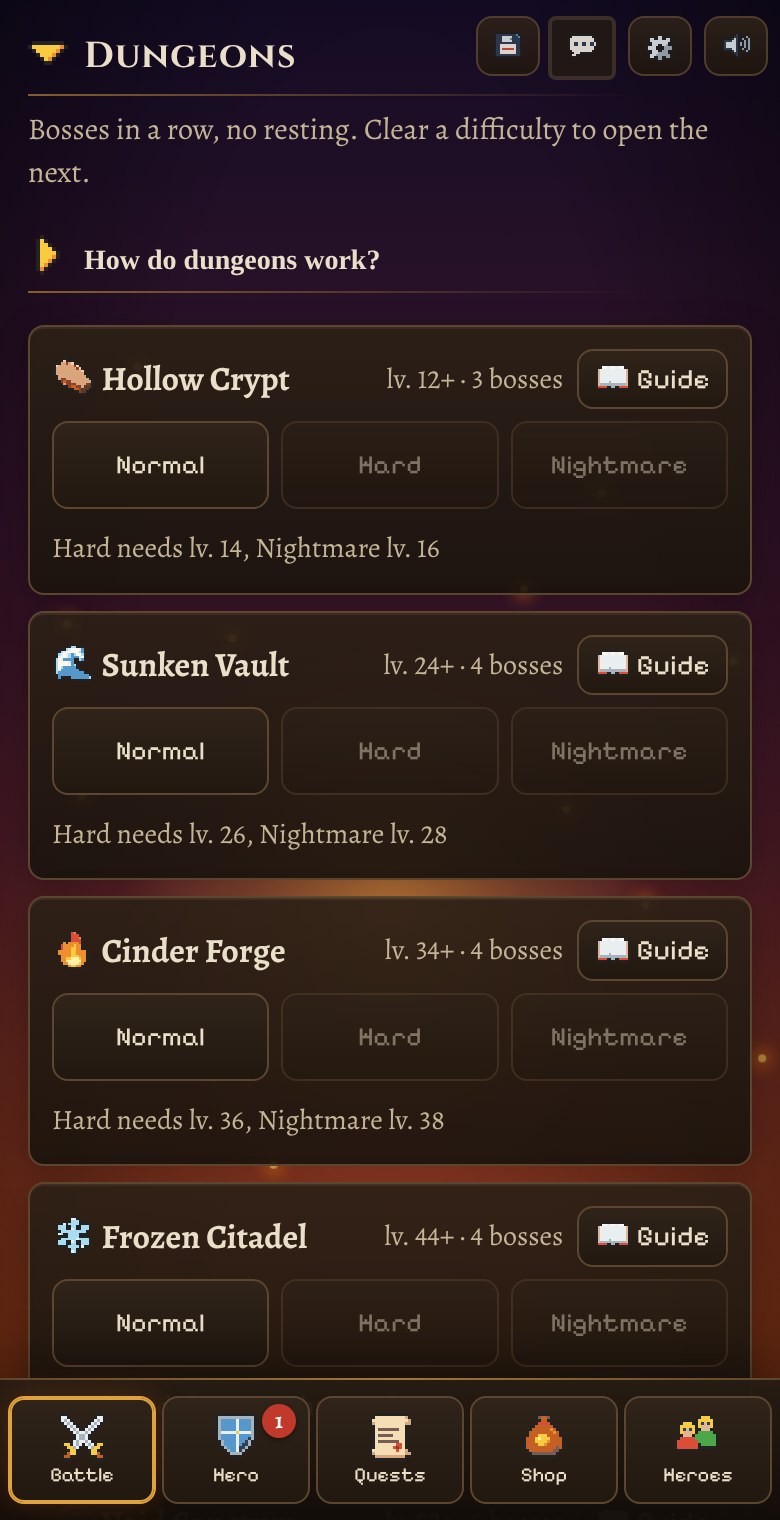 The dungeon list with Normal, Hard and Nightmare