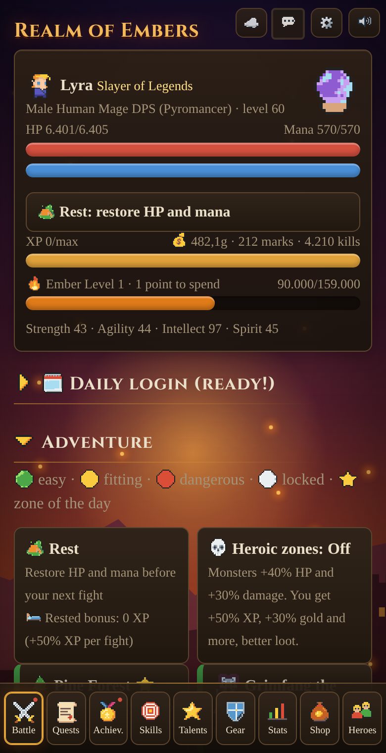 The hero screen of a Pyromancer Mage on a phone