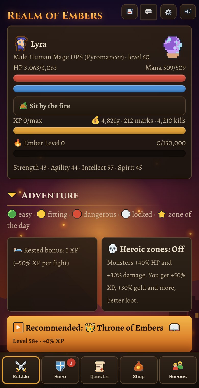 The hero screen of a Pyromancer Mage on a phone