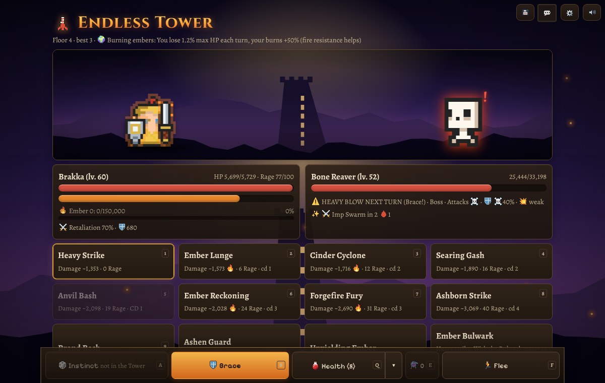 A Tower boss announces a heavy blow and the Brace button lights up